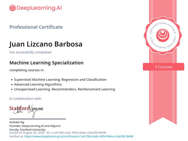 Machine Learning Specialization certificate (DeepLearning.AI and Stanford Online)