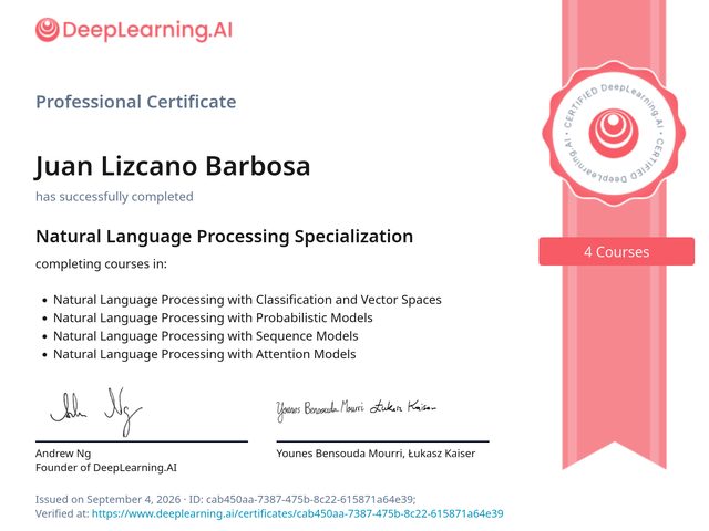 Natural Language Processing Specialization certificate (DeepLearning.AI)