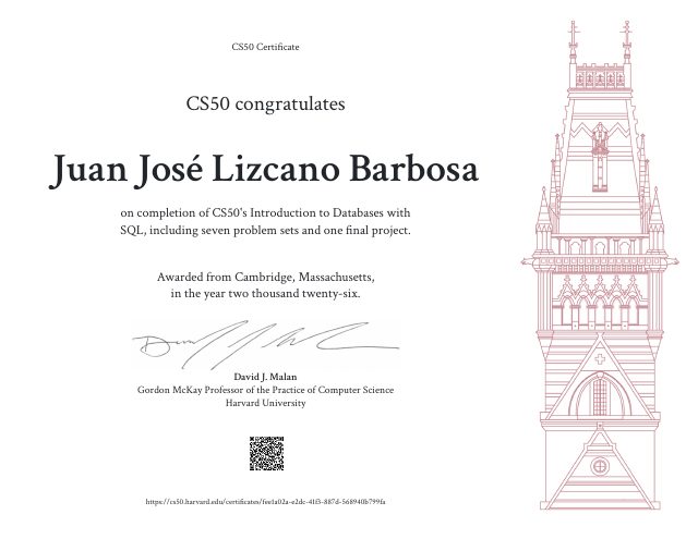 CS50 Introduction to Databases with SQL certificate