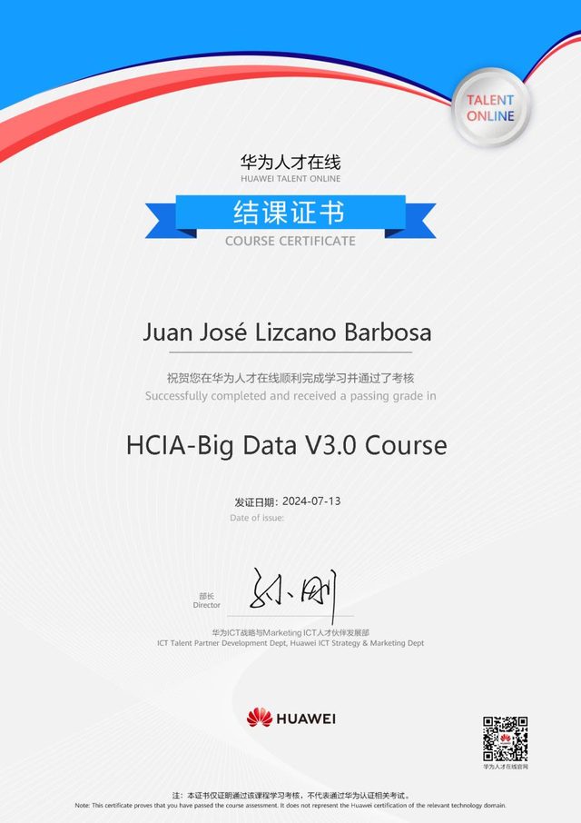 HCIA-Big Data V3.0 course certificate (Huawei Talent Online)