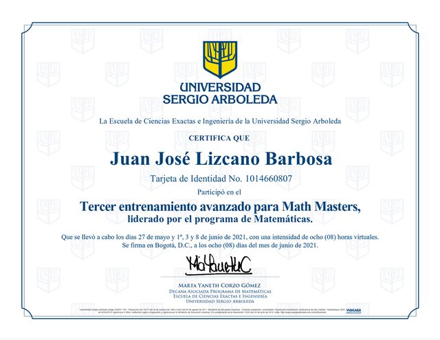Advanced Training for Math Masters certificate (Universidad Sergio Arboleda)