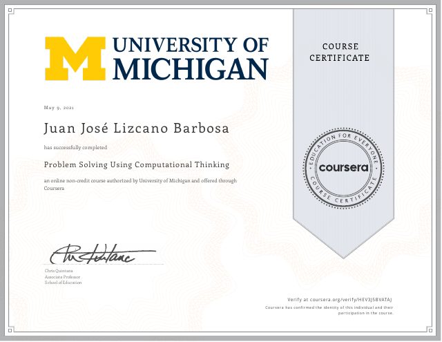 Problem Solving Using Computational Thinking certificate