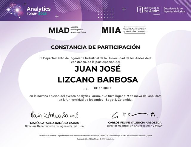 Analytics Forum 2025 participation certificate (Universidad de los Andes)