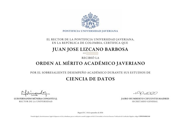 Orden al Mérito Académico Javeriano — certificate signed by the Rector